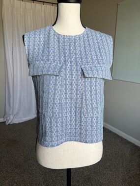 Anthropologie Blue Tassel Textured Sleeveless Top Blue Green Metallic Blouse S M